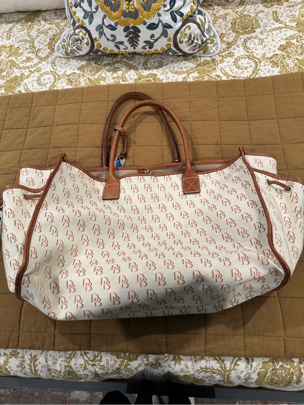 Dooney & Bourke Cream Canvas Tote with Brown Leather Trim